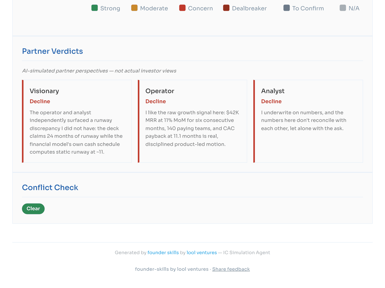 Partner verdicts from three simulated investors, each with their reasoning